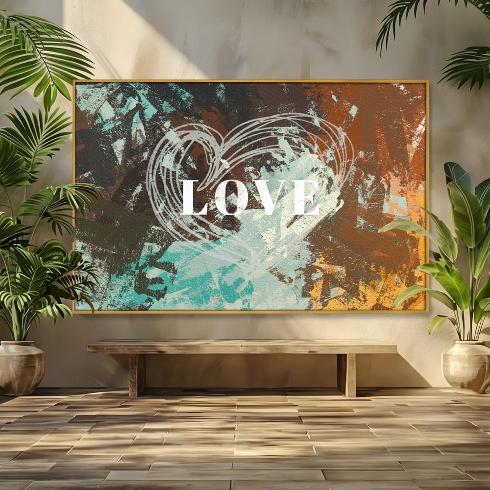 Tablou canvas cu tablou canvas cu inima desenata si text, in rama de aluminiu auriu
